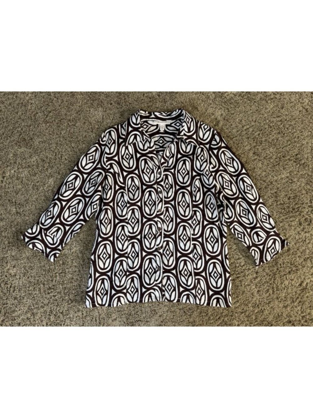 JM Collection Linen Button Shirt Geometric Print 3/4 Sleeve Casual Office Sz 10 - Picture 2 of 10